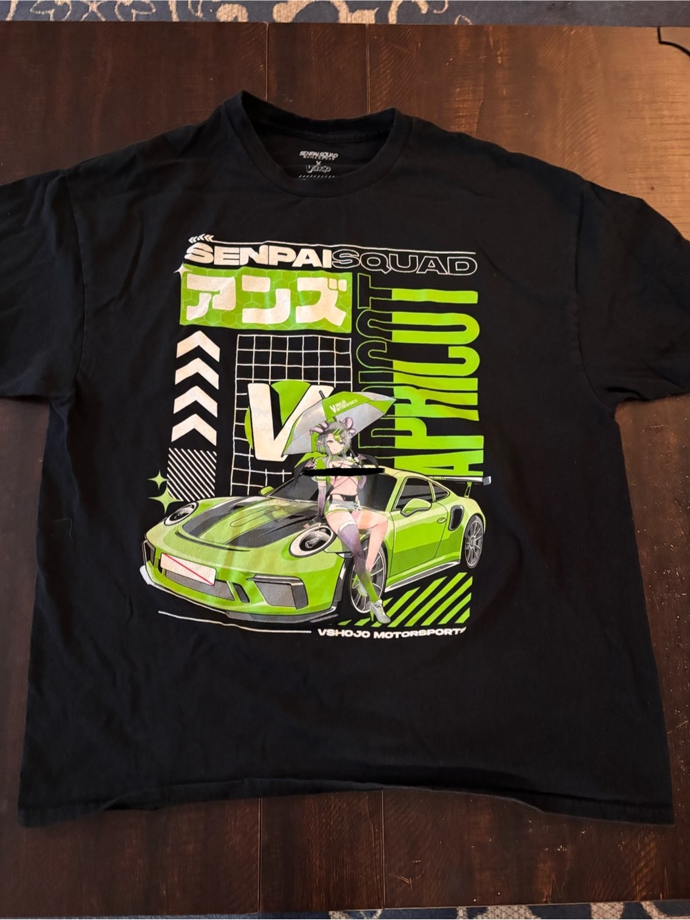 Spencer's Black T-Shirt with Neon Green Senpai Squad Anime Graphic